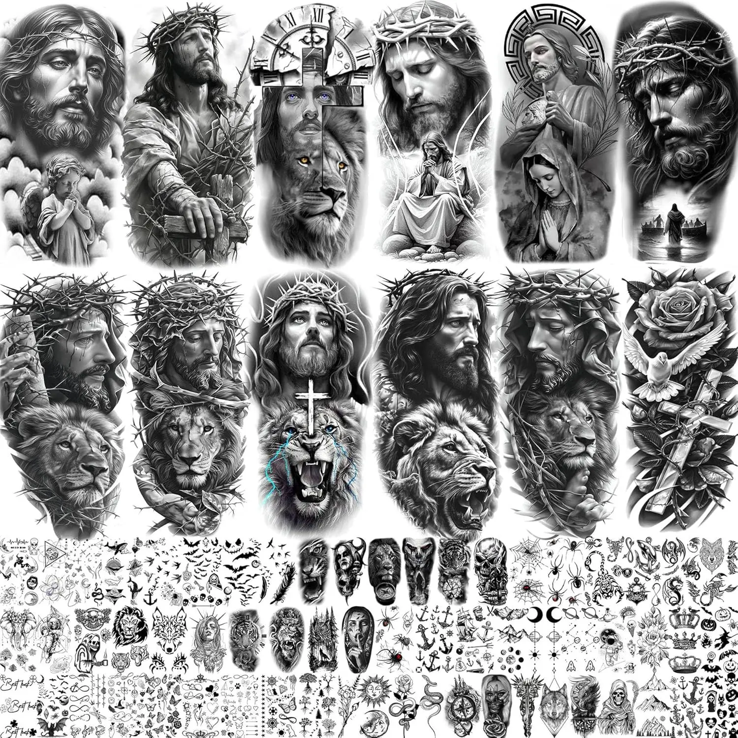 74-Sheet Religious Temporary Tattoo Stickers - Half Arm Size Removable Fake Tattoos for Adults, Realistic Jesus Christ, Lion Cross, Angels, Virgin Mary Prints, Faith Peace Themed for All Skins, Religious Art
