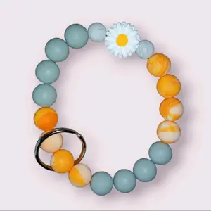 Orange Marbled and Grey Beads Key Ring Wristlet with Daisy