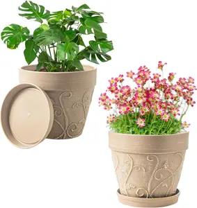 Pots Indoor with Drainage & Saucer, 2Pack 7 inch Flower Pots Outdoor Planters for Indoor  Garden Home Decor Cactus Succulent,   Imitation Terracotta, Vine  Embossed