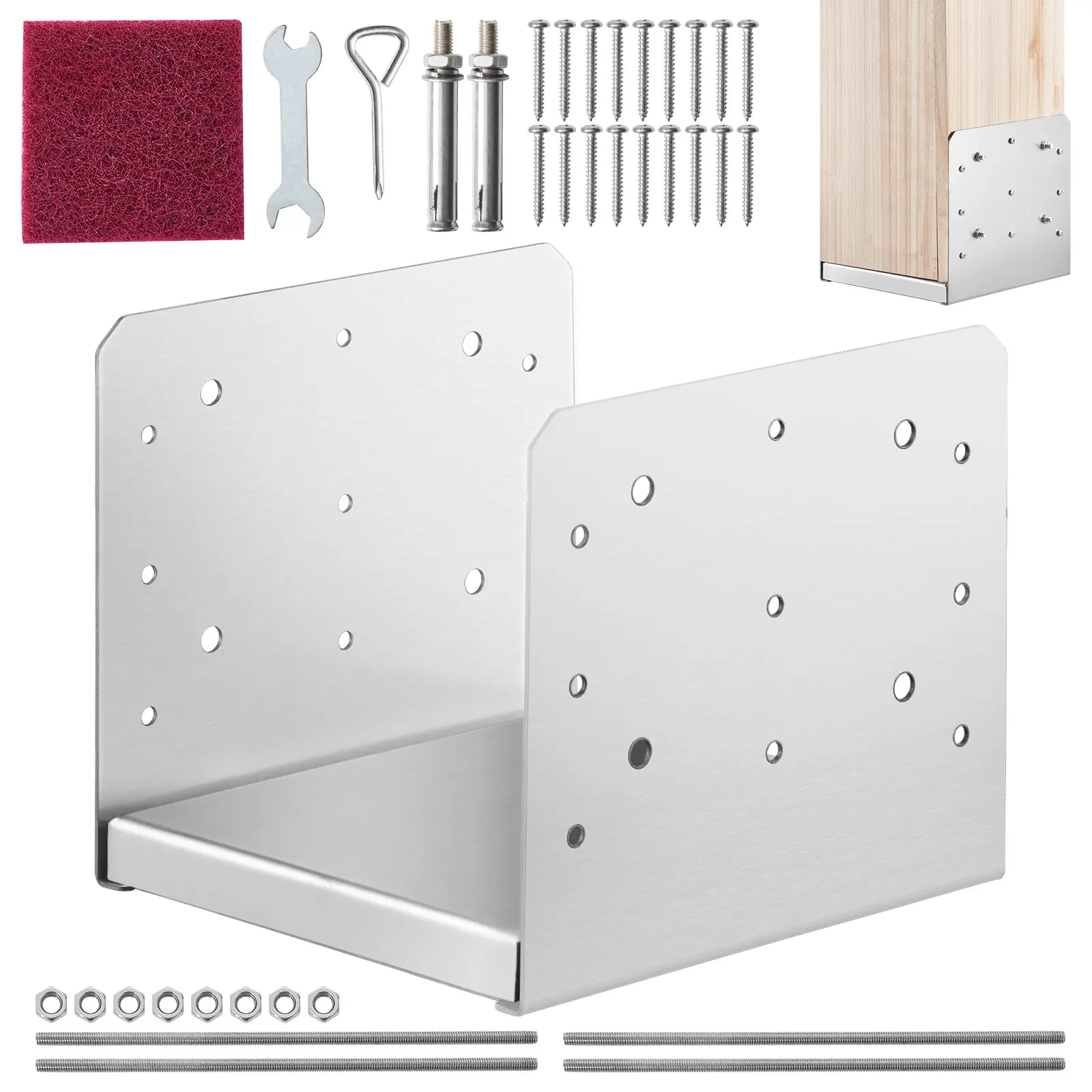 【toolupgrade】VEVOR 8"x8" Stainless Steel Adjustable Post Base (1Pc, Internal 7.8"x7.3") Sturdy Metal Bracket with Assorted Fasteners for Pavilion, Deck Versatile Use