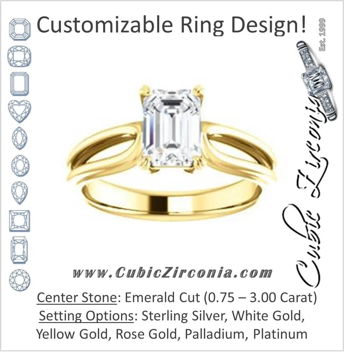 Cubic Zirconia Engagement Ring- The Piper (Customizable Emerald Cut Solitaire with Flared Split-band)