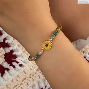 Boho Sunflower Natural Stone Bracelet for Women, Handmade Braided Adjustable Beaded Wristband, Healing Crystal Jewelry, Vintage Floral Stackable Bracelet for Daily Wear, Beach Vacation Gift