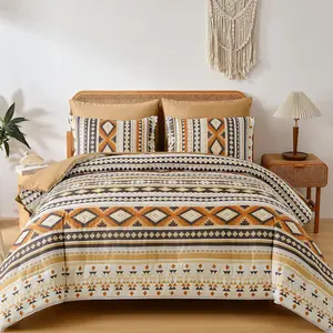 Boho King Size Bed in A Bag 7 Pieces,Yellow Brown Comforter Set Aztec Striped Fall Bedding Set Patchwork Complete Set Geometric Pattern Comforters for 90"*104"