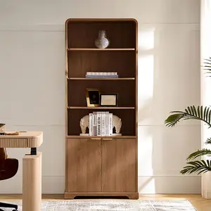 HULALA HOME Modern Curved Cabinet with Rounded Edges | Adjustable Open Shelves & Hidden Storage | Wood Grain Veneer Sideboard with Metal Handles | Contemporary Storage Furniture for Living Room, Bedroom, Office