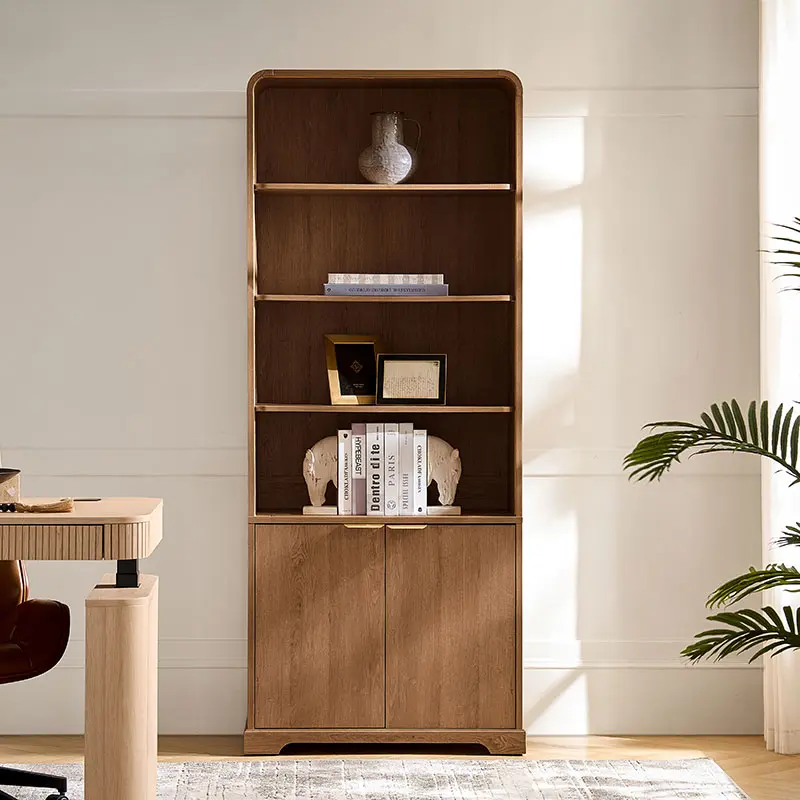 HULALA HOME Modern Curved Cabinet with Rounded Edges | Adjustable Open Shelves & Hidden Storage | Wood Grain Veneer Sideboard with Metal Handles | Contemporary Storage Furniture for Living Room, Bedroom, Office
