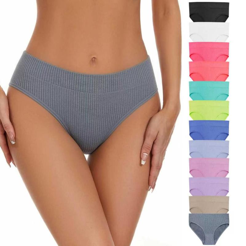 Women's Seamless Soft Mid-Waist Ribbed Briefs, Comfortable Womenswear Underwear for Daily Wear, Soft Briefs