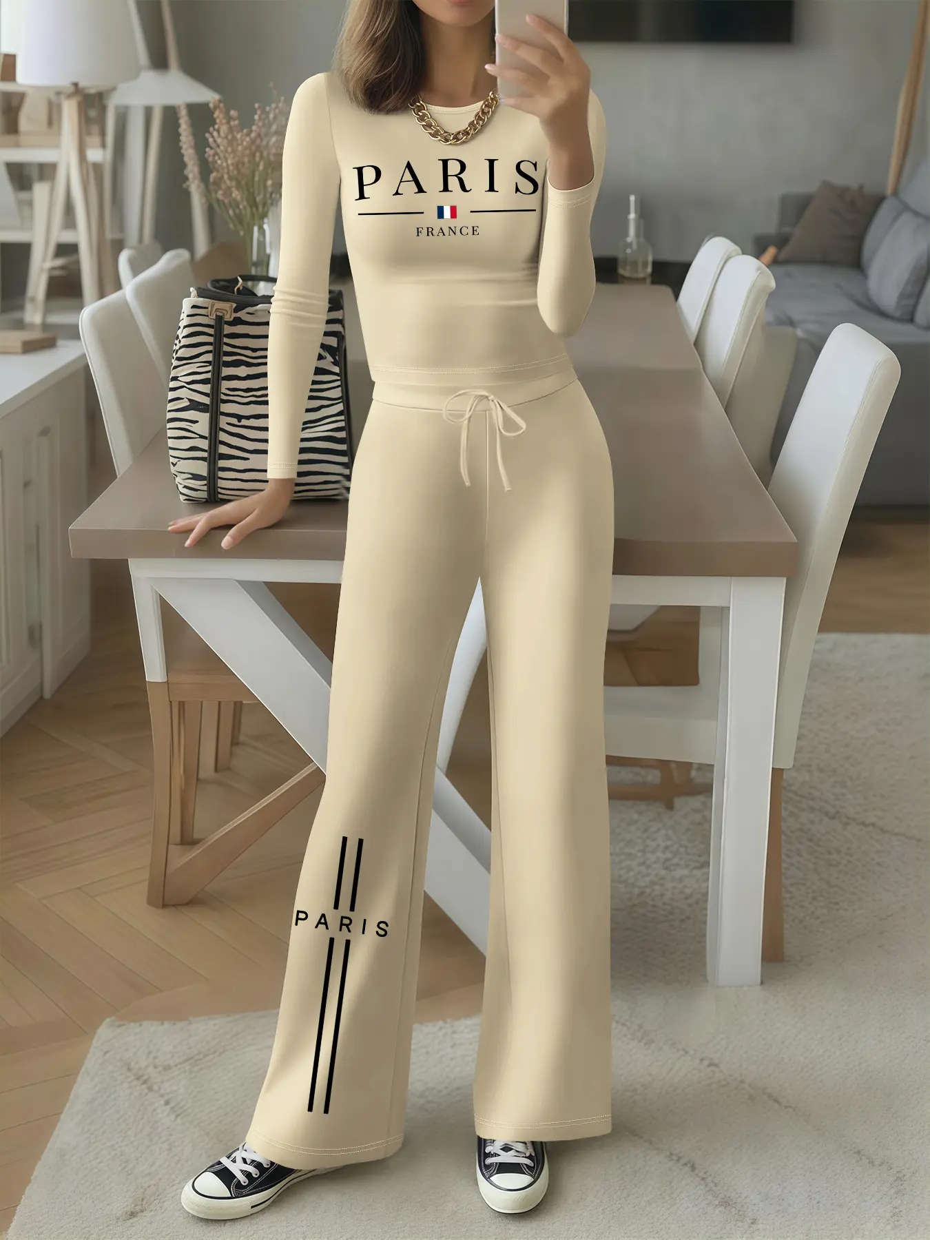 Women's Casual Slim-Fit Long Sleeve Top & Wide Leg Pants Set, Paris France Print, Spring & Fall Fashion, Thin Fabric, 2 Piece