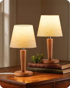12" Wood Bedside Table Lamps Set of 2, Small Desk Lamps for Small Places, 3 Color Temperatures with Memory, Beige Linen Shade & E26 Bulbs, for Bedroom Living Room Office