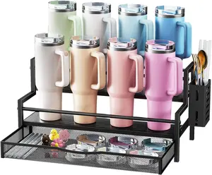 Water Bottle Organizer for Full Stanley 40 oz Tumbler with Handle, 2 Tier Tumbler Organizer for 8 Cups, Kitchen Pantry Organizers and Storage for Owala Stanley Cup Accessories, Black