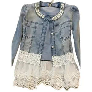 Women’s denim–chiffon slim-fit jacket with pearl-embellished collar and lace sleeves, double-breasted casual coat, machine washable all-season outerwear, chic dress-jeans jacket