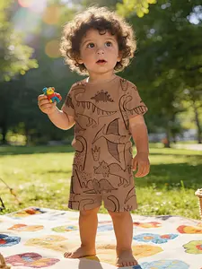 Baby Dinosaur Print Short Sleeve Set, Hand-Drawn Style, Tyrannosaurus Rex, Apatosaurus, Pterodactylus, Casual Toddler Clothing