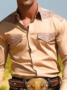 Western Style Men's Long-Sleeved Shirt Warm Brown Tones Textured Shoulder Pocket Decor Classic Polyester Top with Metal Buckle Belt for Rugged Look