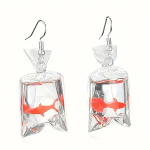 1 Pair Creative Goldfish-in-Bag Earrings, Transparent Resin Pendant, Cute Vacation Style, Quirky Fashion Accessory