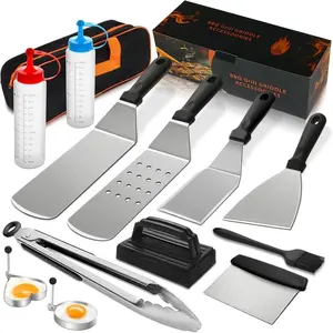 1 Set Professional Griddle Accessories Kit Set with Extra Thick Stainless Steel Grill Spatula, Turner, Flipper - 14PCS Flat Top Grill Tools Kit for Outdoor Barbecue Utensils Teppanyaki Camping Cooking