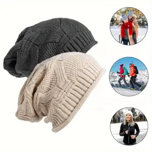 2 Pcs Knit Slouchy Beanie Hat for Women Men Oversized Soft Warm Winter Beanie Hat Chunky Stretch Cable Knit Cap
