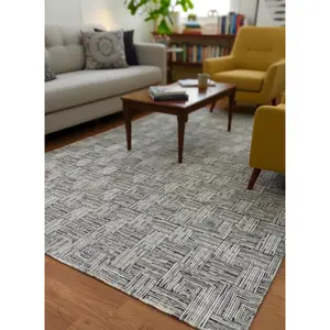 Modern Hand-Knotted Wool Rug - 6x9 (5'10" x 8'10") Geometric Maze Design Black and White Textured Area Rug Contemporary Neutral Home Decor