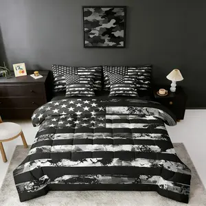 7 Pcs Black Camo Comforter Bed Set,Camouflage American Flag Bed Bag with Flat Fitted Sheet Kids and Adults,Retro USA Flag Bedding Set