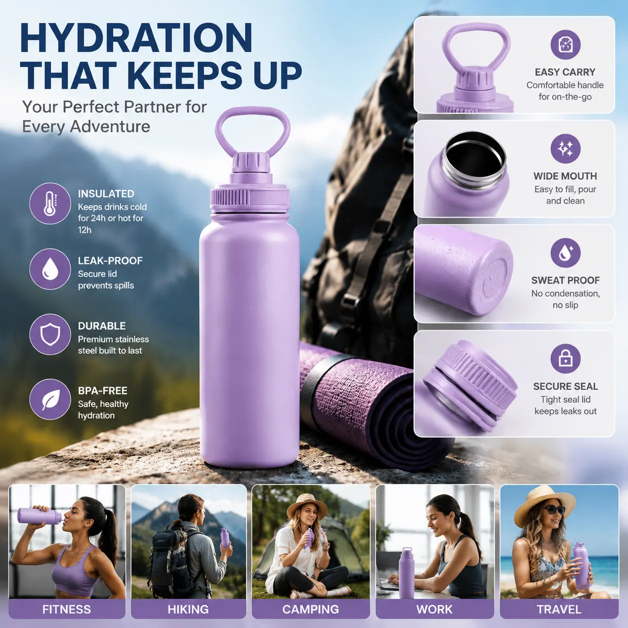 Hydration That Keeps Up Insulated Leak-Proof BPA-Free Stainless Steel Water Bottle with Secure Seal for Fitness Hiking Camping Work Travel