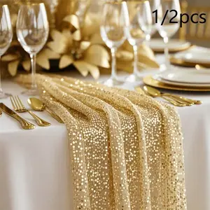 Sequin Table Runner Set, Shiny Gold Wedding Party Event Decoration, Table Setting, Square Cloth Tablecloth with Fringe Trim