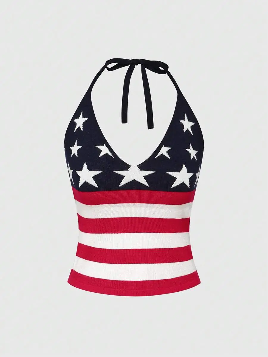 SIERRA Women 90s Millennium American Flag Printed  Independence Day Halter Knit Tops