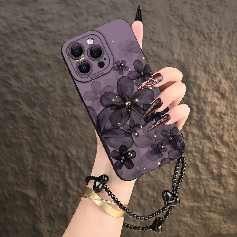 Romantic Purple Floral Design TPU Phone Case with Lanyard Anti-Fall Non-Slip Full-Cover Lens Protector for iPhone 17 16 15 14 13 12 11 XS X Shockproof Cellphone Casing