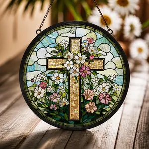 Christian Cross Wildflower Suncatcher, Floral Acrylic Window Hanging Decor, Faith-Based Sun Catcher Ornament, Religious Home Decor, Jesus Cross Gift, Easter Christian Decor, Aesthetic Window Decor Gift