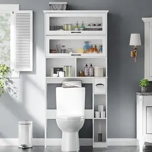 Vabches Over The Toilet Storage Cabinet with Transparent Door, Toilet Paper Storage Cabinet with Multi Layer Shelves Suitable for Bathroom, Laundry Room, Freestanding Bathroom Storage Rack