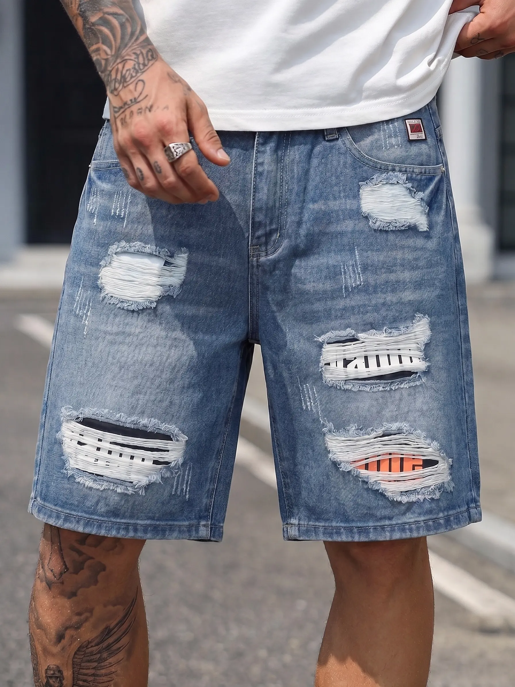 ZANTO Men Y2K Ripped Patch Denim Shorts Vintage Distressed Streetwear Cotton Designed Jean Shorts Menswear Casual Fashion