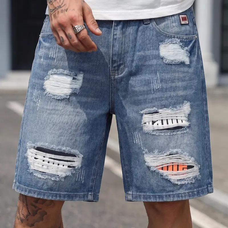 ZANTO Men's Classic Retro Straight Ripped Patch Denim Shorts - Fashion Street Style Graphic Accents, Soft Breathable Fabric, Zipper, Pockets, Vintage Distressed, Outdoor Sneakers-Compatible Casual Menswear Bottoms