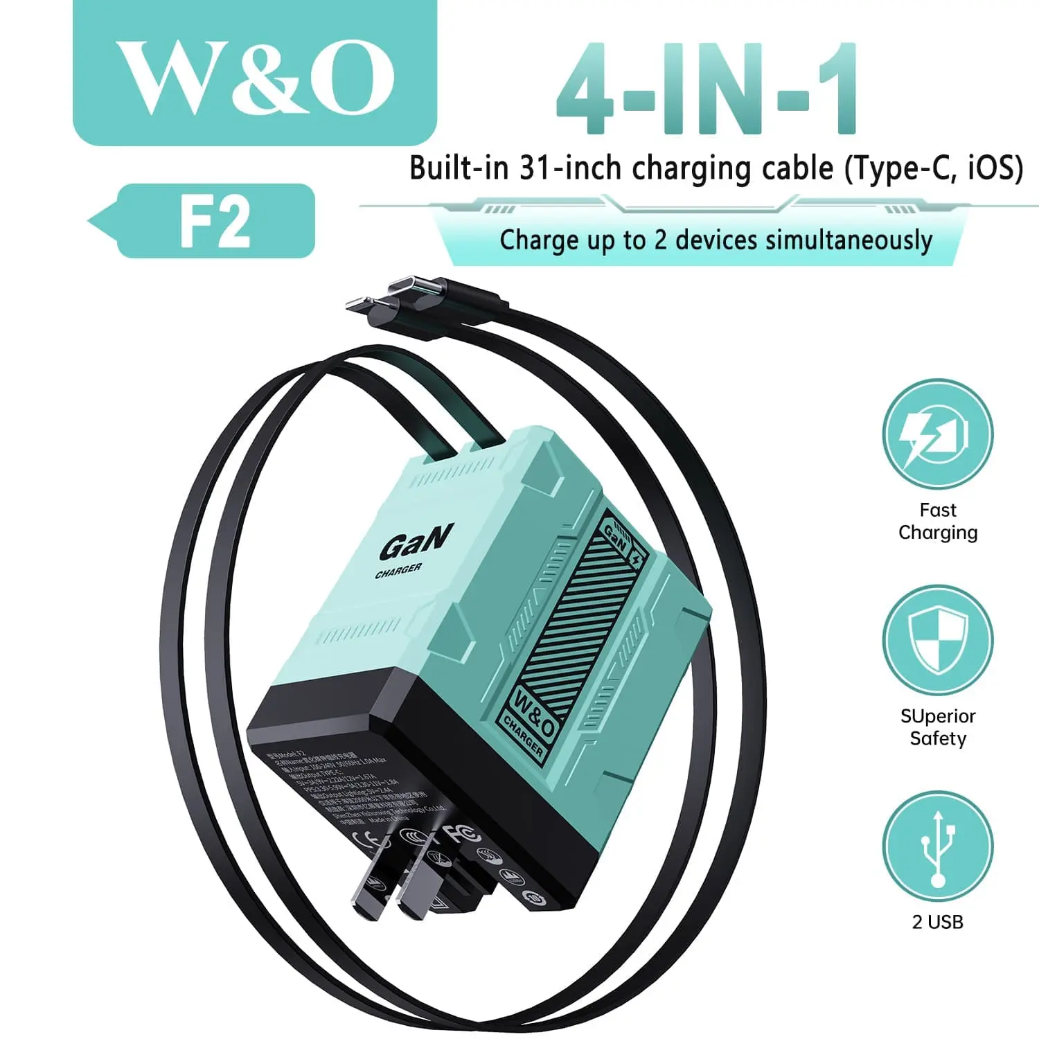 W&O F2 4-in-1 GaN Compatible 120W Fast Charger with 31-IN Retractable Type-C and Lightning Cable Portable Adapter for iPhone 16 iPad Multi-Device Fast Charging Foldable Charing Plug