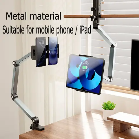 Foldable Aluminum 360° Rotation Phone & Tablet Stand - Desk Gadgets, Office Supplies, Super Grip Rubber Clamp, Adjustable Mount for 4.7-15" Tablets/Phones, Hands-Free Video Calling, Headboard Use