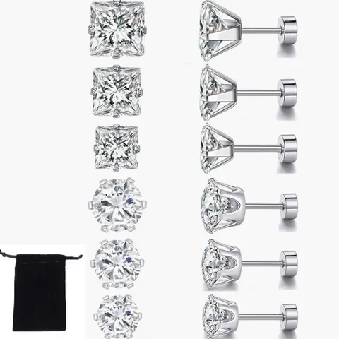 Unisex Dainty Gold-Plated Cubic Zirconia Stud Earrings Jewelry - 6 Pairs Lightweight Hypoallergenic Men's Earrings, Titanium Flat Back, Surgical Stainless Steel Screw Back, Square/Round/Princess Cut, Everyday Wear Adults' Jewelry