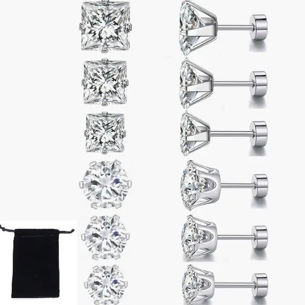 Unisex Dainty Gold-Plated Cubic Zirconia Stud Earrings Jewelry - 6 Pairs Lightweight Hypoallergenic Men's Earrings, Titanium Flat Back, Surgical Stainless Steel Screw Back, Square/Round/Princess Cut, Everyday Wear Adults' Jewelry