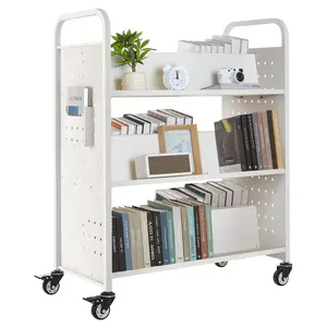 3-Tier Rolling Book Cart With Double-Sided W-Shaped Shelves, Mobile Library Trolley On Locking Caster Wheels, Quiet Smooth Glide, Spacious Storage For Home Office Classroom, Durable White Finish