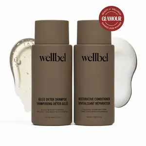 WELLBEL Detox + Restore Duo Haircare Set - Hydrating Cleansing Shampoo, Moisture-Boosting Lightweight Cleanser, Anti-Frizz Smoothing Conditioner with Peptides to Hydrate and Deliver Smoother Hair