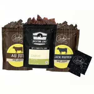 3 Pack - Kenny's Favorites Jerky Bundle + Koozie - Au Jus Beef, Soft & Tender Garlic Beef, Black Pepper Beef - All-Natural, No Added Preservatives - 7.5 oz