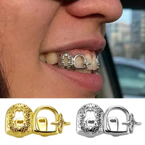 Men's Hip Hop Double Teeth Grillz Shiny Iced Star Top & Bottom Hollow Enamel Pattern Punk Rapper Christmas Gift