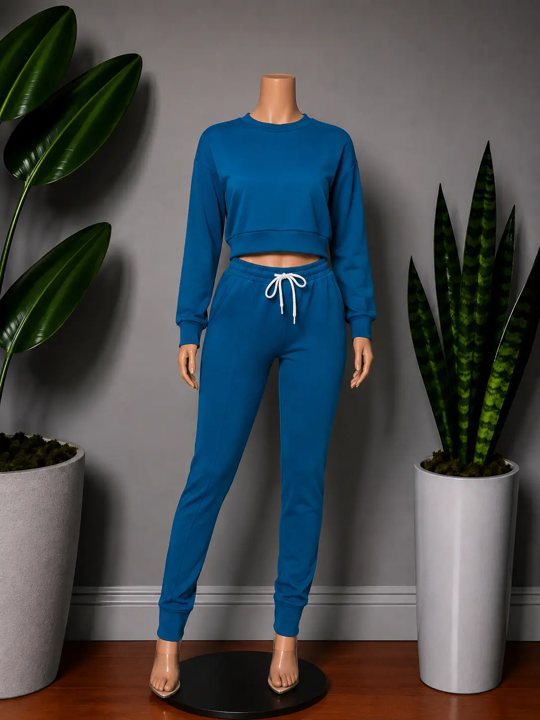 Women's Teal Blue 2-Piece Spandex Casual Clothes Set, Long-Sleeve Sweatshirt Joggers (Plus Sizes Only), Long Sleeves, Pants, Pockets, Polyester Blend, Banded Waist, Stretch Fit, Lady