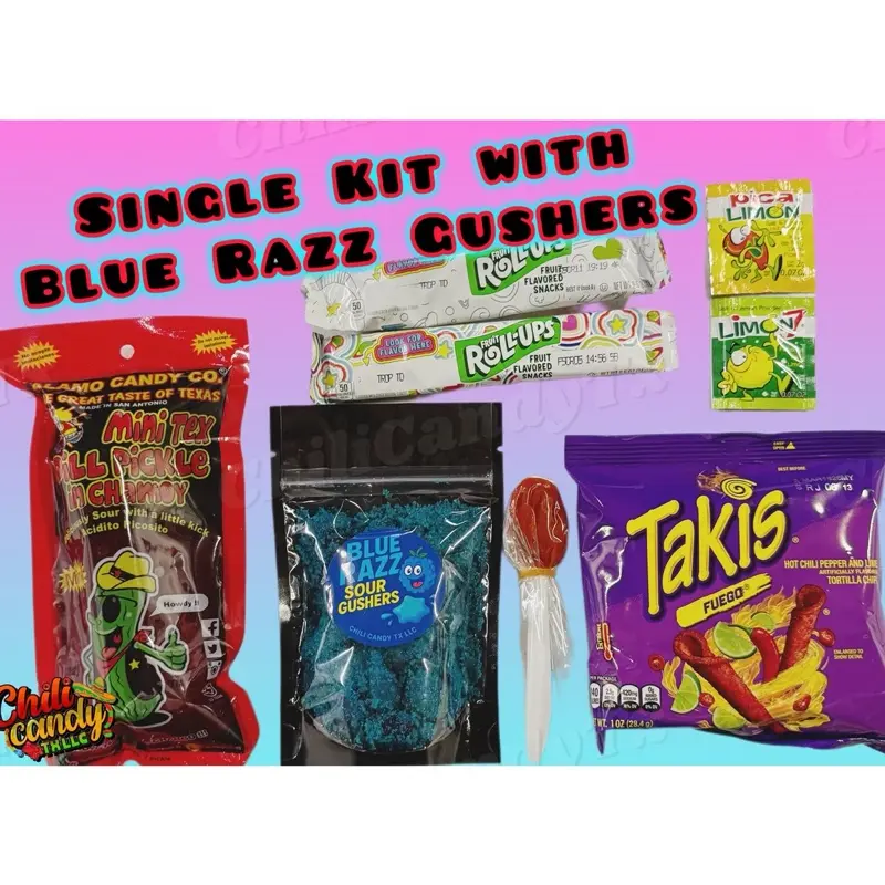 Single Alamo Chamoy Pickle Kit with Blue Razz Gushers Snack Candy Treat Combo Kit Single Alamo Chamoy Pickle Kit with Blue Razz Gushers Snack Candy Treat Combo Kit