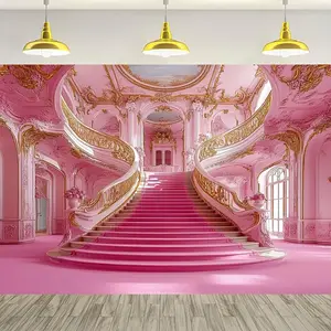 1pc 2D Flat Luxurious Pink Castle Staircase Photography Backdrop - Durable Polyester, Easy to Hang & Reuse, Perfect for Events & Photo Shoots, Versatile Indoor/Outdoor Decor, No Electricity Requ