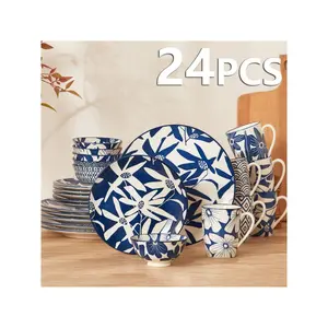 24-Piece Vintage Blue Ceramic Dinnerware Set For 4, Kitchen Plates, Bowls Sets And Cup Sets, Dinner Salad Dessert Plates, Cereal Bowls And Mugs (Vintage Blue)