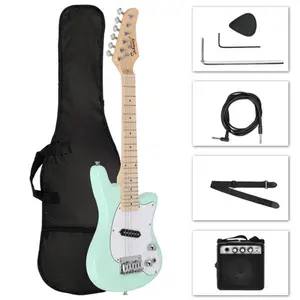 Glarry 30in Maple Fingerboard Mini Electric Guitar Kit with 5W Amplifier Bag String Shoulder Strap Plectrum Cord Wrench Tool Light Green