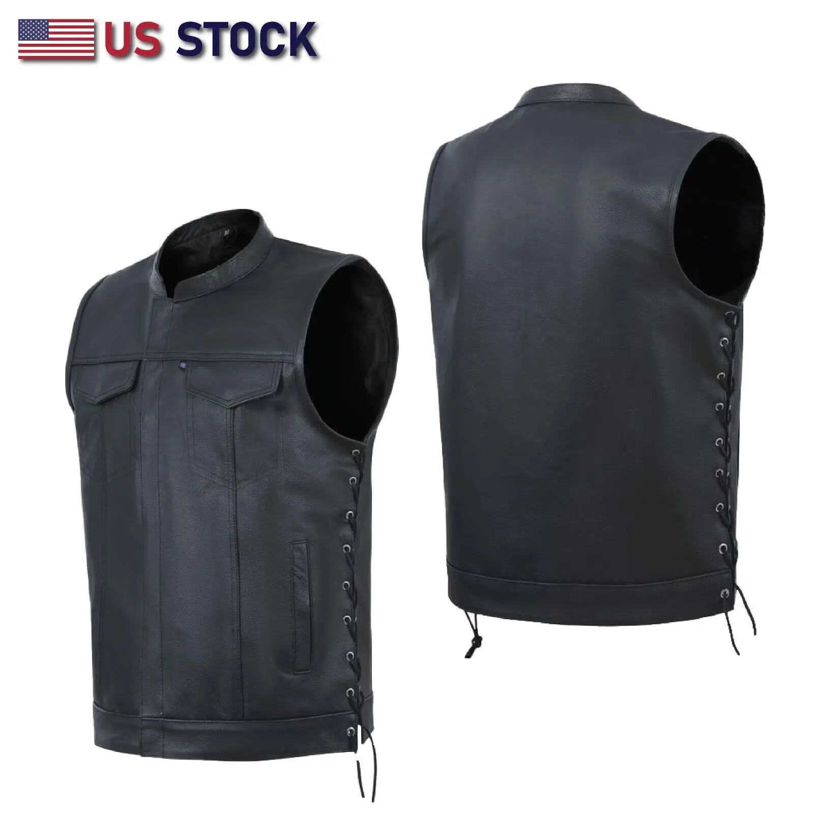 HL11685SPT Men's Original Classic Leather Vest - Biker-Inspired, Black, Mesh Collar, Side Lacing, Sleeveless, Cropped Nylon Tops for Costume or Everyday Wear