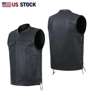 HL11685SPT Classic Leather Vest with Side Lacing – Inspired Biker Style for Costume or Everyday Wear Menswear Black Mesh Collar Casual