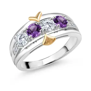 Gem Stone King 925 Silver and 10K Yellow Gold Purple Amethyst White Moissanite and Lab Grown Diamond Band Ring For Women (1.01 Cttw, Gemstone Birthstone)