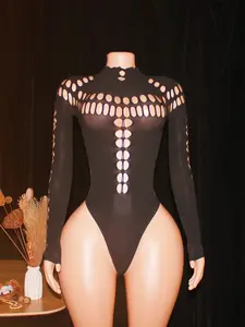 Long Sleeve Hollow Out Uniform Seductive One-Piece Net Dress, Stylish and Alluring Design, Perfect for Bold Fashion Statements