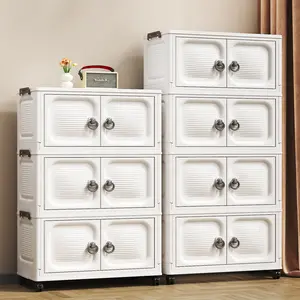 White foldable storage cabinet with 2, 3, 4, or 5 tiers; multi-tiered, stackable, and comes with lids; includes 4 casters; ideal for storing clothes, shoes, miscellaneous items, books, food, toys, and other household items; extremely space-saving