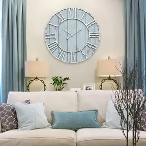 Large Farmhouse Wall Clock 24 Inch Vintage Blue Wooden Wall Clock with Quiet Ticking and Minimalist Roman Numerals for Bedroom Living Room Office Kitchen H