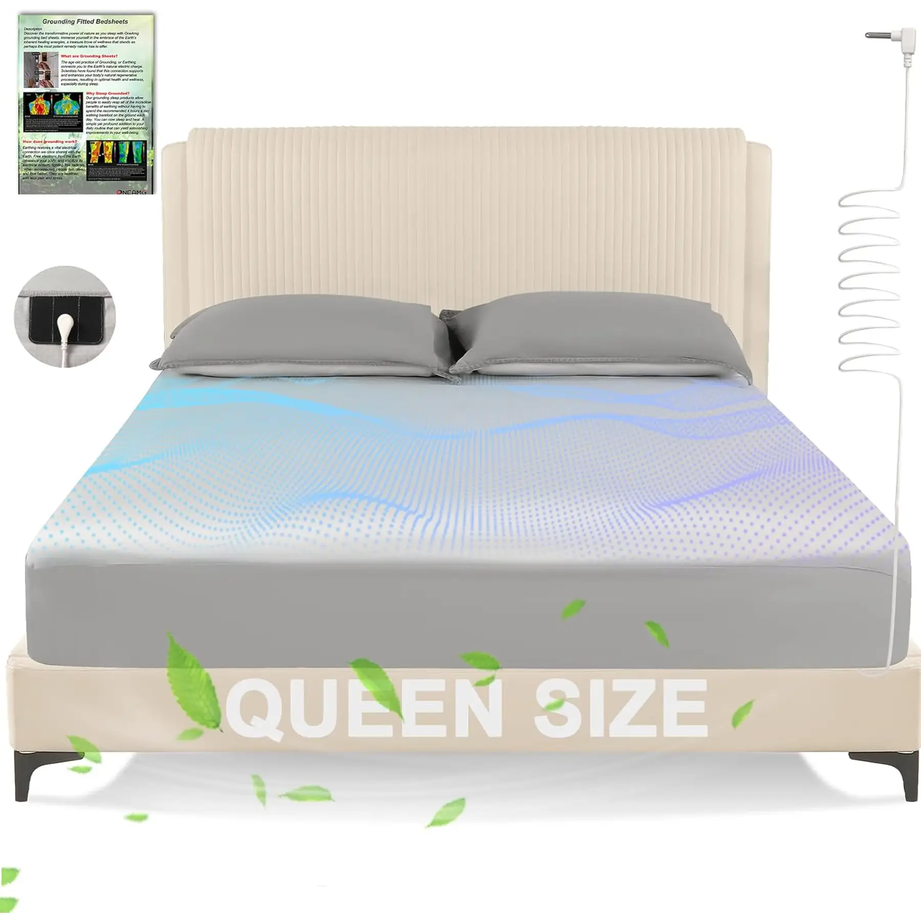 Grounding Sheets,Earth Grounded Fitted Bed Sheet 10% Pure Silver Fiber + 90% Organic Cotton Bed Grounding Kit with grounding Cord for Improved Sleep &