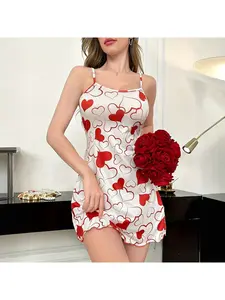 Women's dress, red heart print with ruffle trim design, comfortable women's sleepwear, fashionable women's home wear
